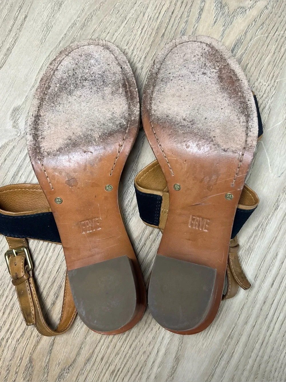 Frye Women’s Black Tan Two-Band Block Heel Slingback Leather Sandals Size 7.5